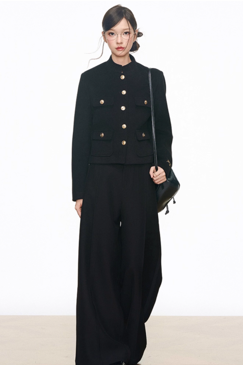 Black Gold Buckle Short Jacket / Black Casual Wide Pants