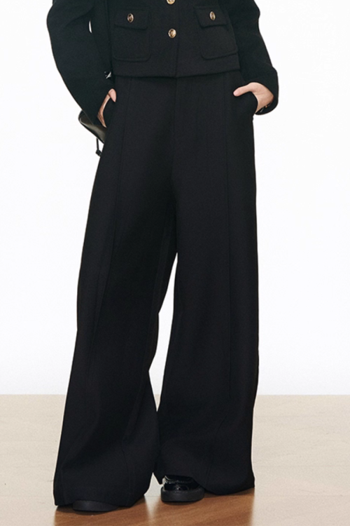 Black Gold Buckle Short Jacket / Black Casual Wide Pants
