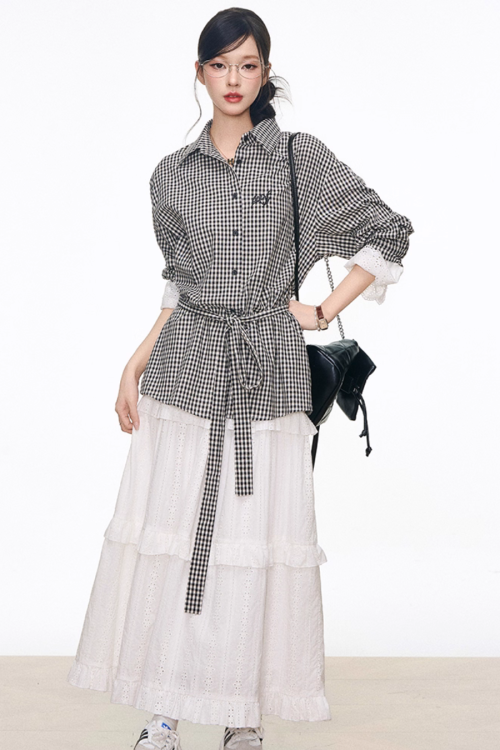 Black Grid Patchwork Lace Shirt / White Hollow Cake Long Skirt
