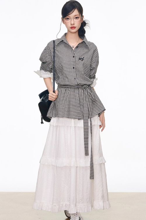 Black Grid Patchwork Lace Shirt / White Hollow Cake Long Skirt
