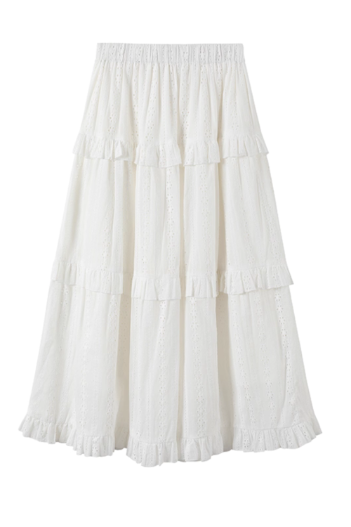 Black Grid Patchwork Lace Shirt / White Hollow Cake Long Skirt
