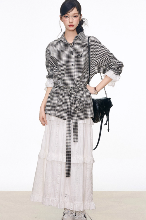 Black Grid Patchwork Lace Shirt / White Hollow Cake Long Skirt