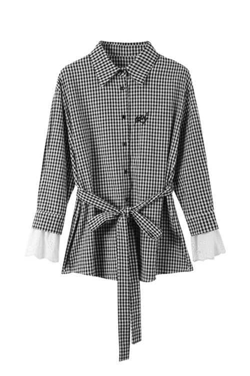 Black Grid Patchwork Lace Shirt / White Hollow Cake Long Skirt