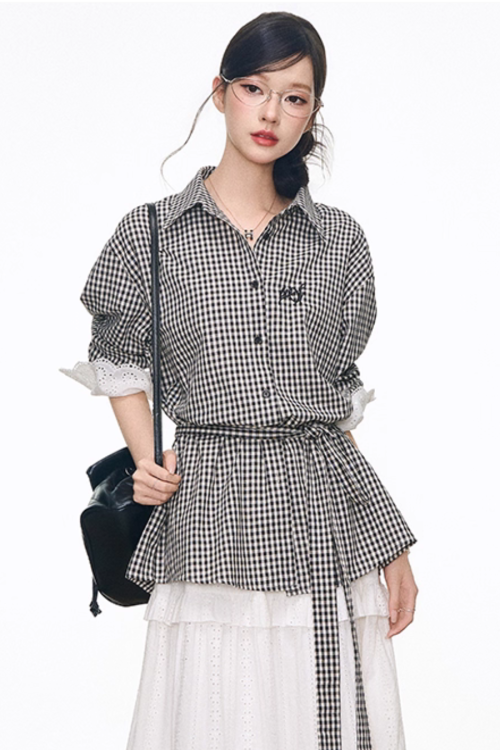 Black Grid Patchwork Lace Shirt / White Hollow Cake Long Skirt