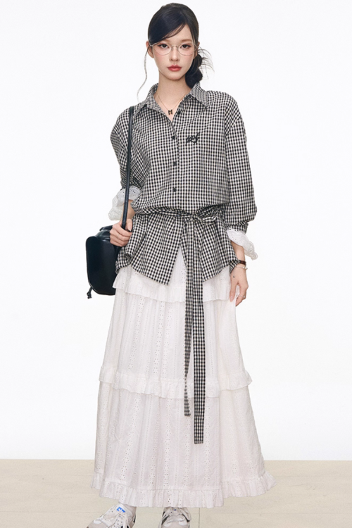 Black Grid Patchwork Lace Shirt / White Hollow Cake Long Skirt