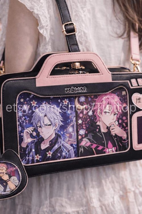 Black Kawaii Cat Convertible Ita Bag with Clear Window for Pin Display