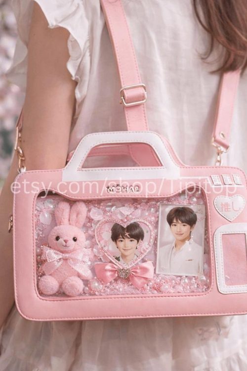 Black Kawaii Cat Convertible Ita Bag with Clear Window for Pin Display