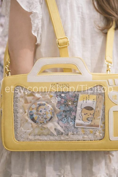 Black Kawaii Cat Convertible Ita Bag with Clear Window for Pin Display