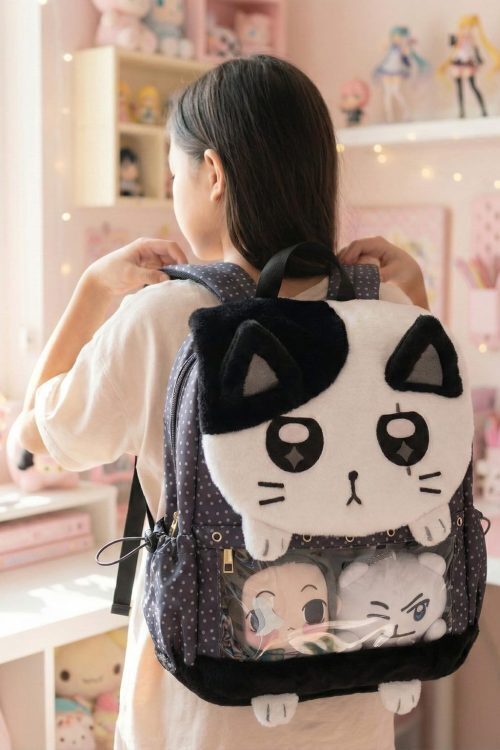 Black Kawaii Cat Ita Backpack for Plushies and Pins