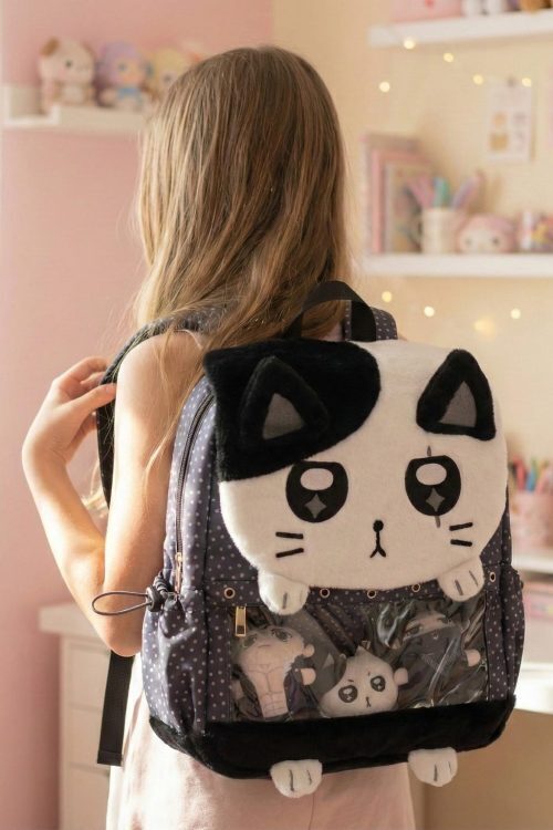 Black Kawaii Cat Ita Backpack for Plushies and Pins
