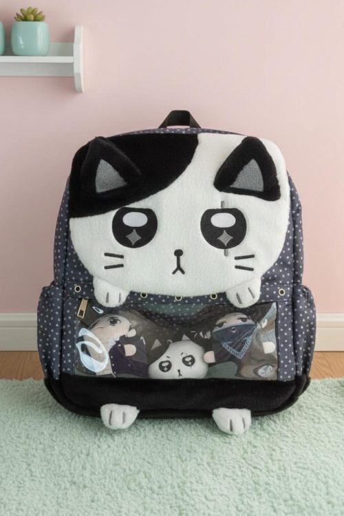 Black Kawaii Cat Ita Backpack for Plushies and Pins
