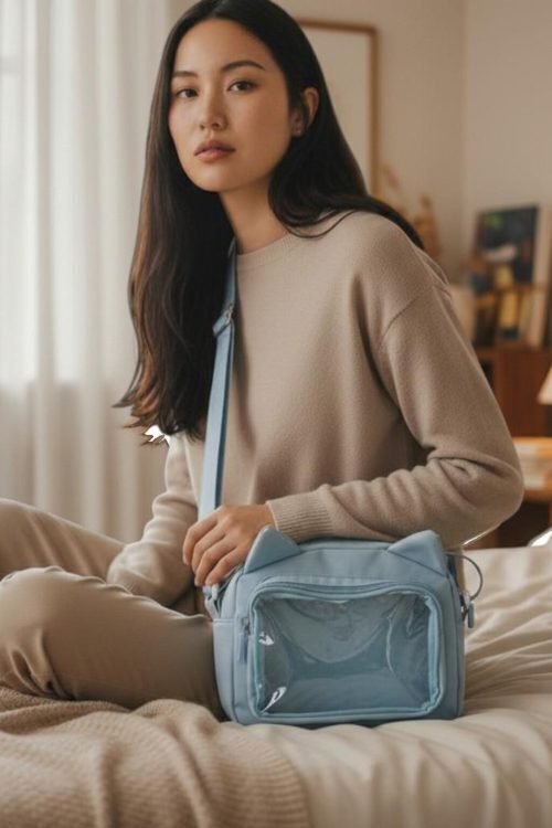 Black Kawaii Ita Shoulder Bag with Clear Window for Pin Display