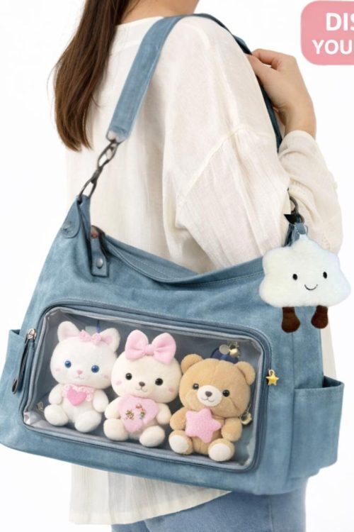 Black Kawaii Ita Shoulder Bag with Clear Window for Plushies and Pins