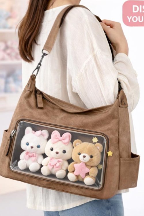 Black Kawaii Ita Shoulder Bag with Clear Window for Plushies and Pins