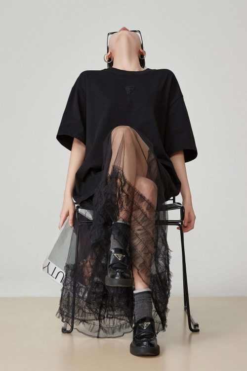 Black Patchwork Mesh T-Shirt Dress