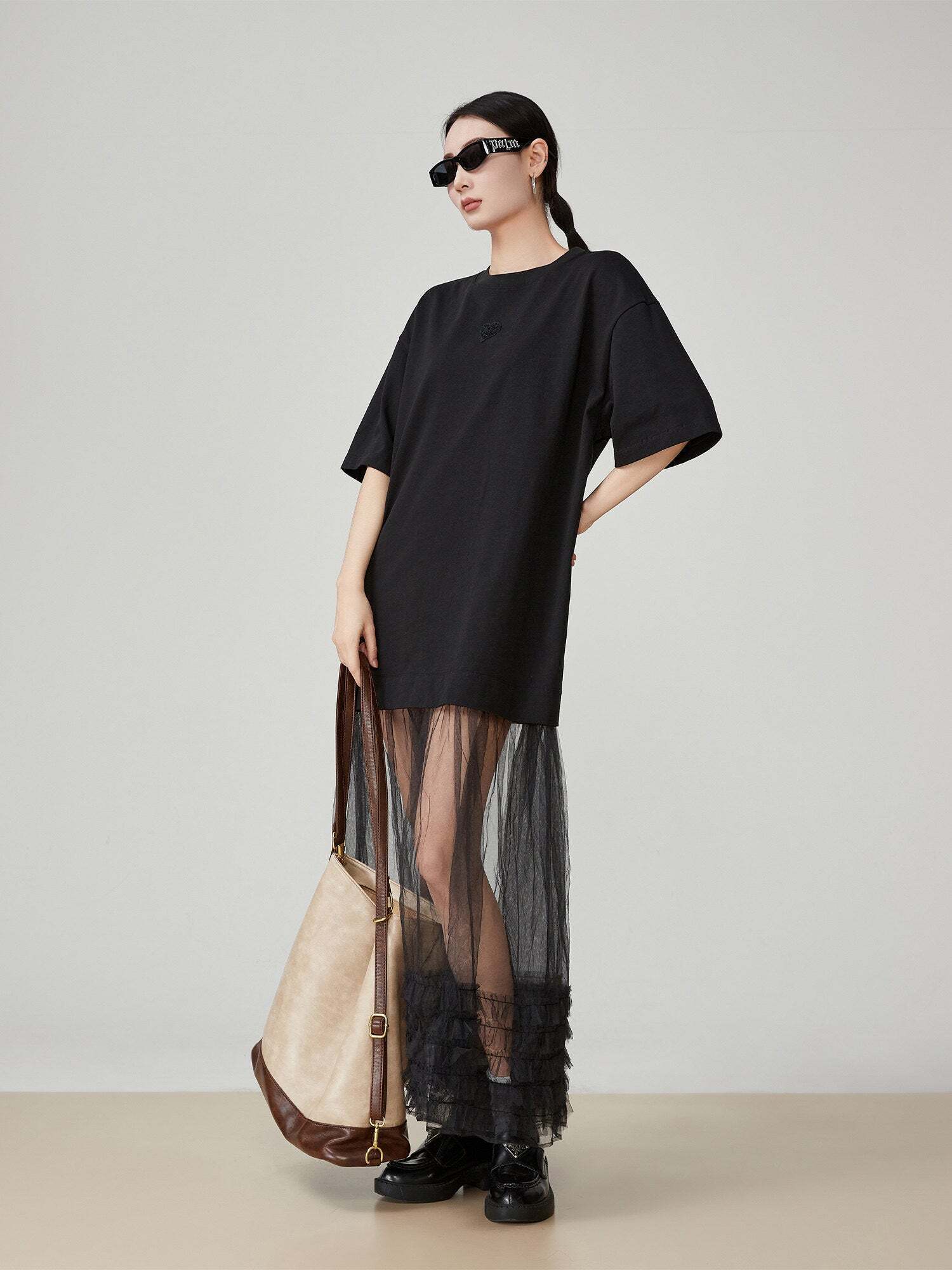 Black Patchwork Mesh T-Shirt Dress