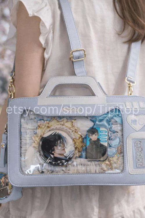 Blue Kawaii Cat Convertible Ita Bag with Clear Window for Pin Display