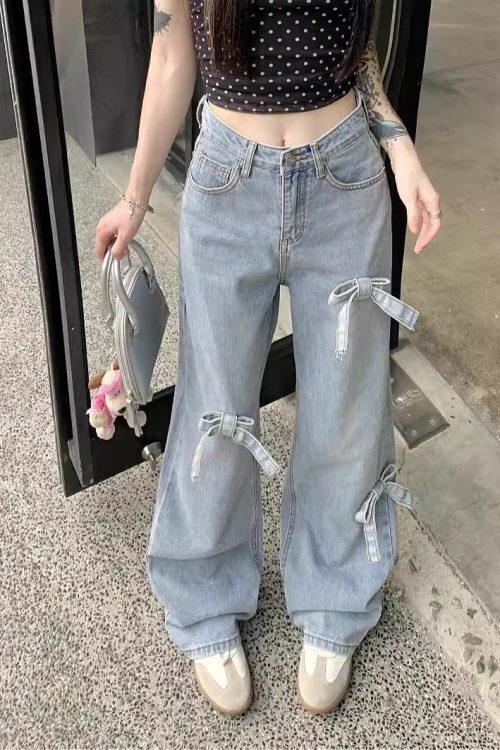 Bow Long Sleeve Tee + Wide Leg Jeans + Leather Shoulder Bag