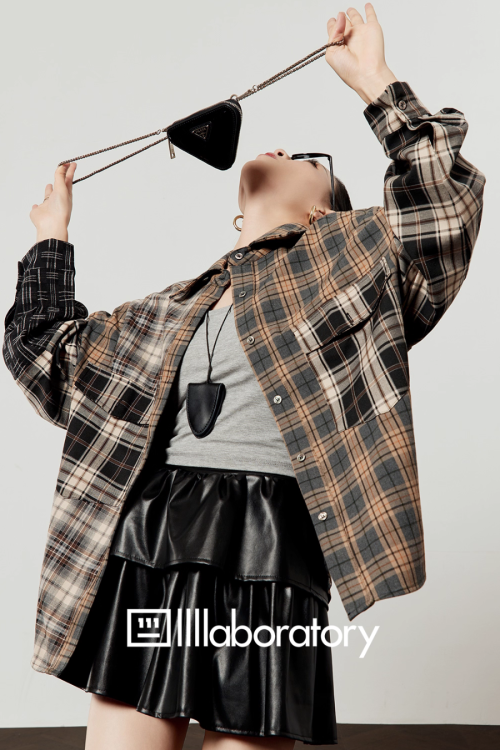 Brown Plaid Shirt  / Leather Mini Skirt