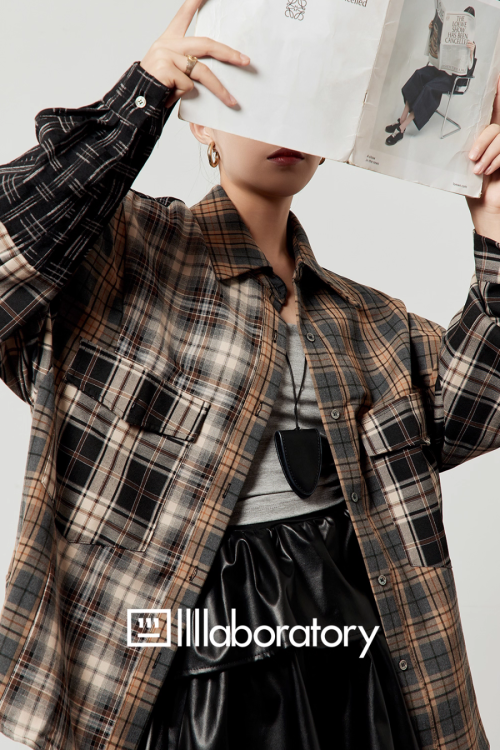 Brown Plaid Shirt  / Leather Mini Skirt