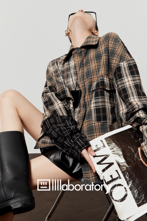 Brown Plaid Shirt  / Leather Mini Skirt