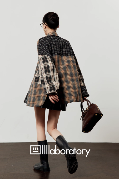 Brown Plaid Shirt  / Leather Mini Skirt