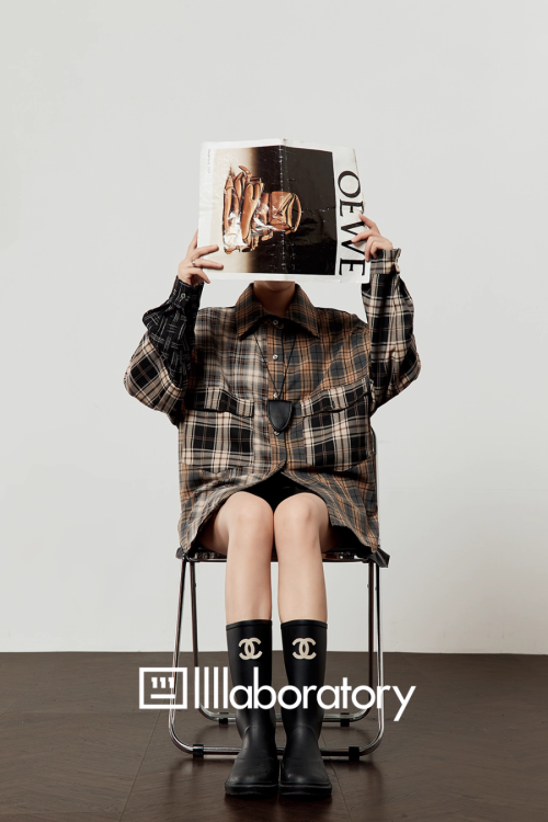 Brown Plaid Shirt  / Leather Mini Skirt