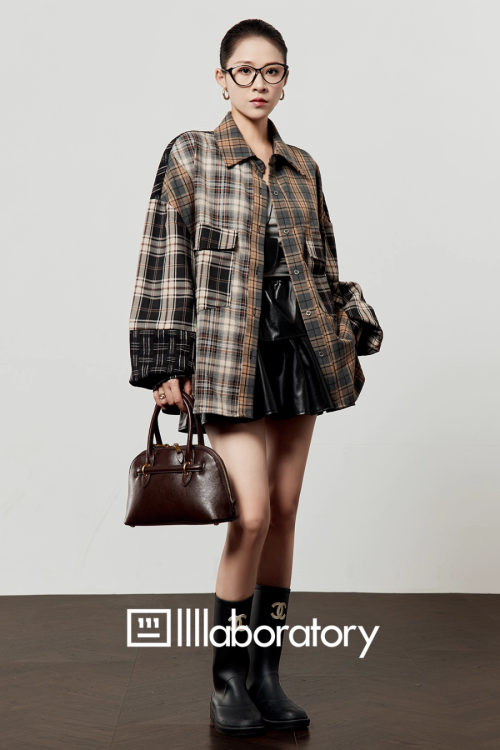 Brown Plaid Shirt  / Leather Mini Skirt