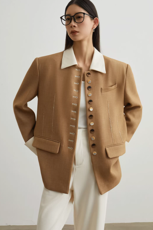 Button-Design Luxury Jacket / White Straight Pants