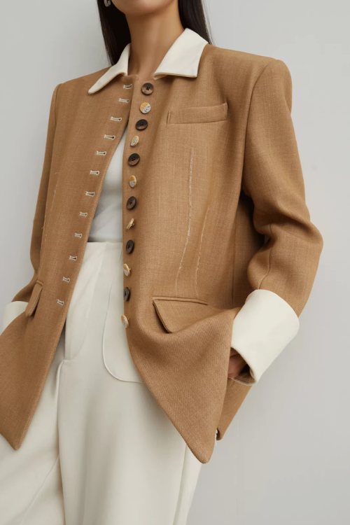 Button-Design Luxury Jacket / White Straight Pants
