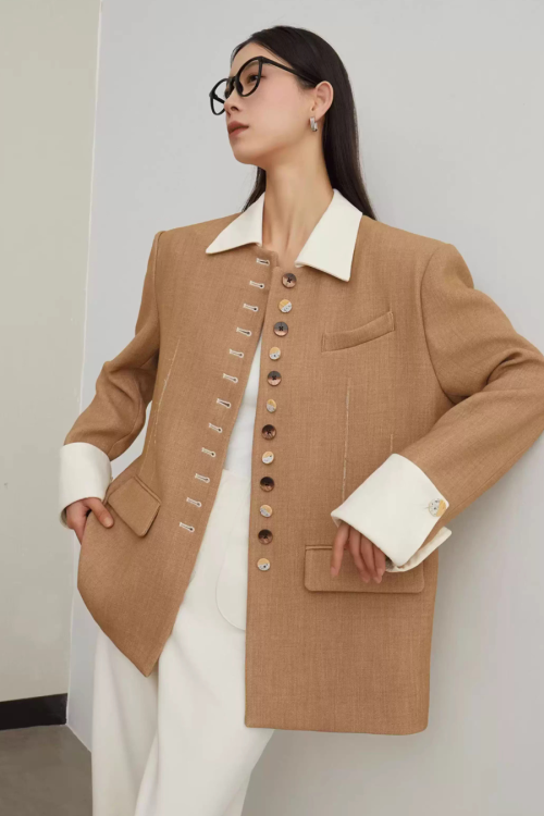 Button-Design Luxury Jacket / White Straight Pants