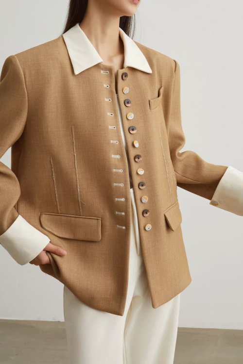 Button-Design Luxury Jacket / White Straight Pants