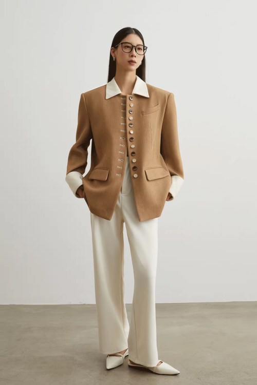 Button-Design Luxury Jacket / White Straight Pants