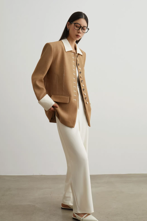 Button-Design Luxury Jacket / White Straight Pants