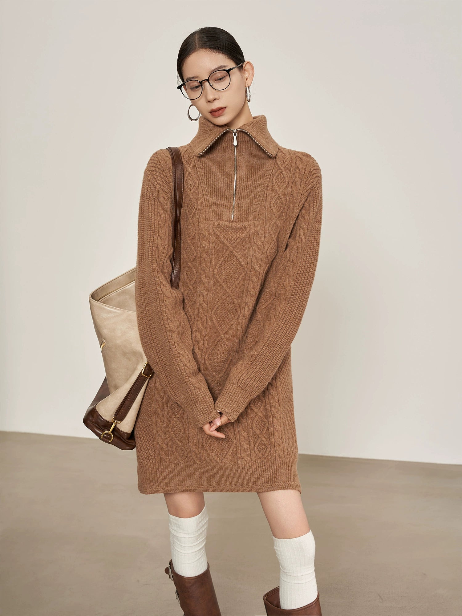 Cable Half-Zip Knit Dress