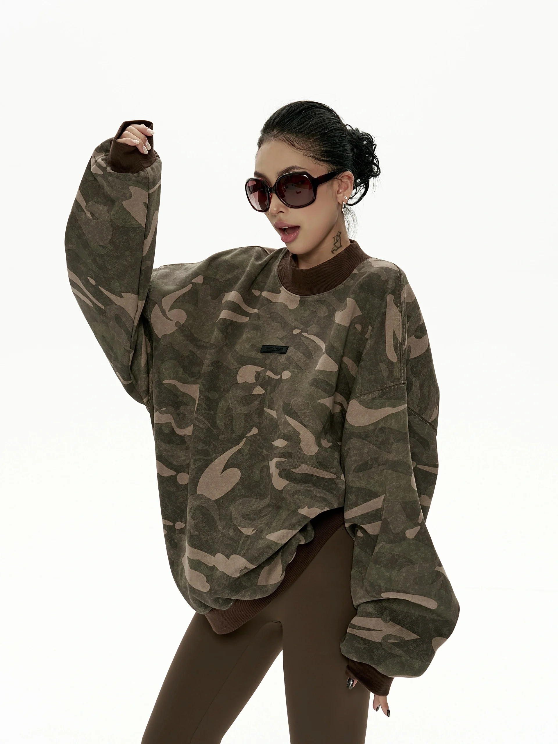 Camouflage Loose Crew Neck Top
