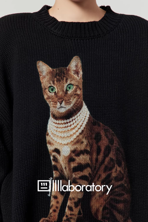 Cat Print Knit Top / Leopard Print Mini Skirt
