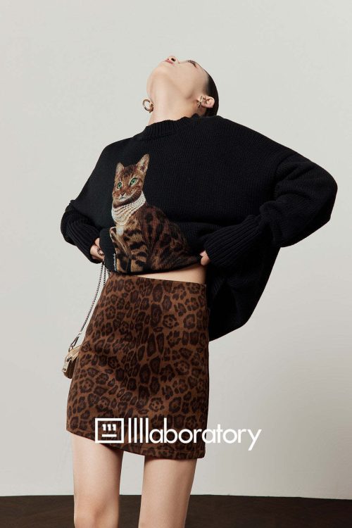Cat Print Knit Top / Leopard Print Mini Skirt