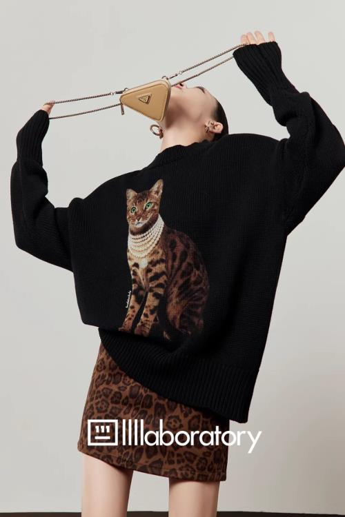 Cat Print Knit Top / Leopard Print Mini Skirt