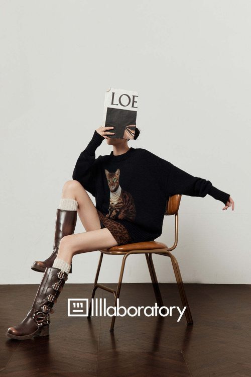 Cat Print Knit Top / Leopard Print Mini Skirt