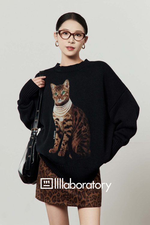 Cat Print Knit Top / Leopard Print Mini Skirt