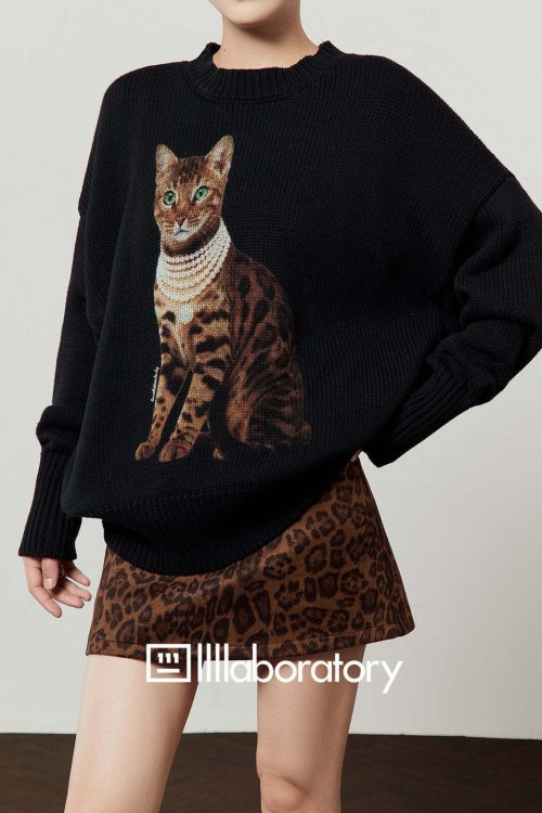 Cat Print Knit Top / Leopard Print Mini Skirt