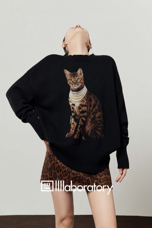 Cat Print Knit Top / Leopard Print Mini Skirt