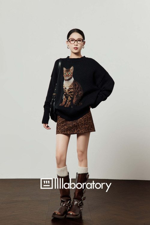 Cat Print Knit Top / Leopard Print Mini Skirt