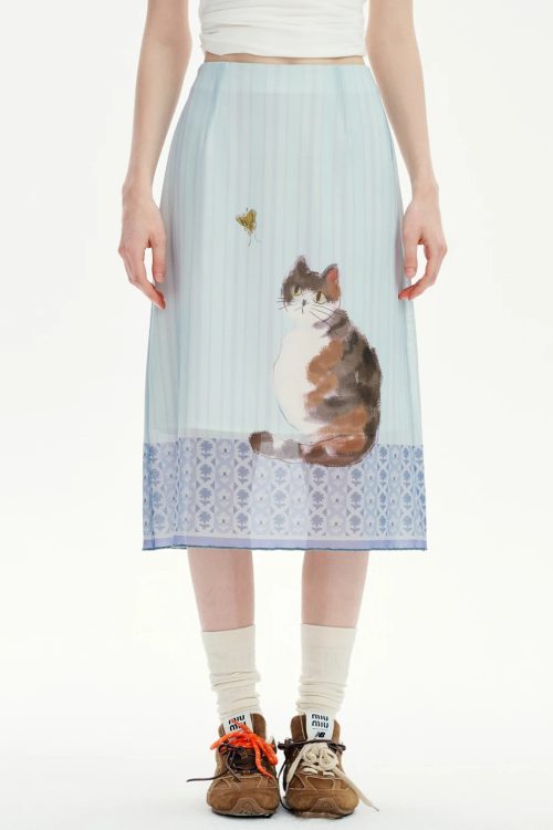 Cat Print Midi Skirt