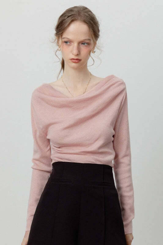 Chic Off Shoulder Tie Waist Cowl Neck Long Sleeve Tee