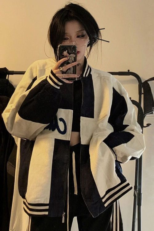 Color Block Zip Up Corduroy Bomber Jacket