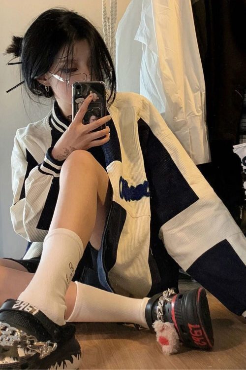 Color Block Zip Up Corduroy Bomber Jacket