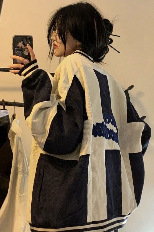 Color Block Zip Up Corduroy Bomber Jacket