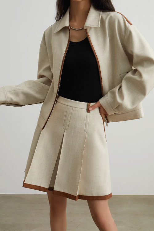 Color-Blocked Line Zip Jacket / Line Mini Skirt